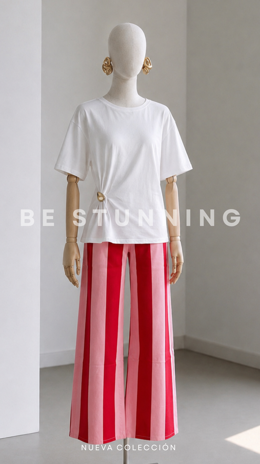 Red and pink striped trousers