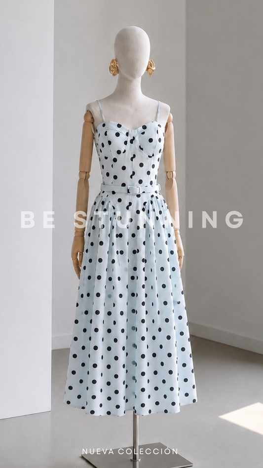 Vestido Midi Pois Celeste