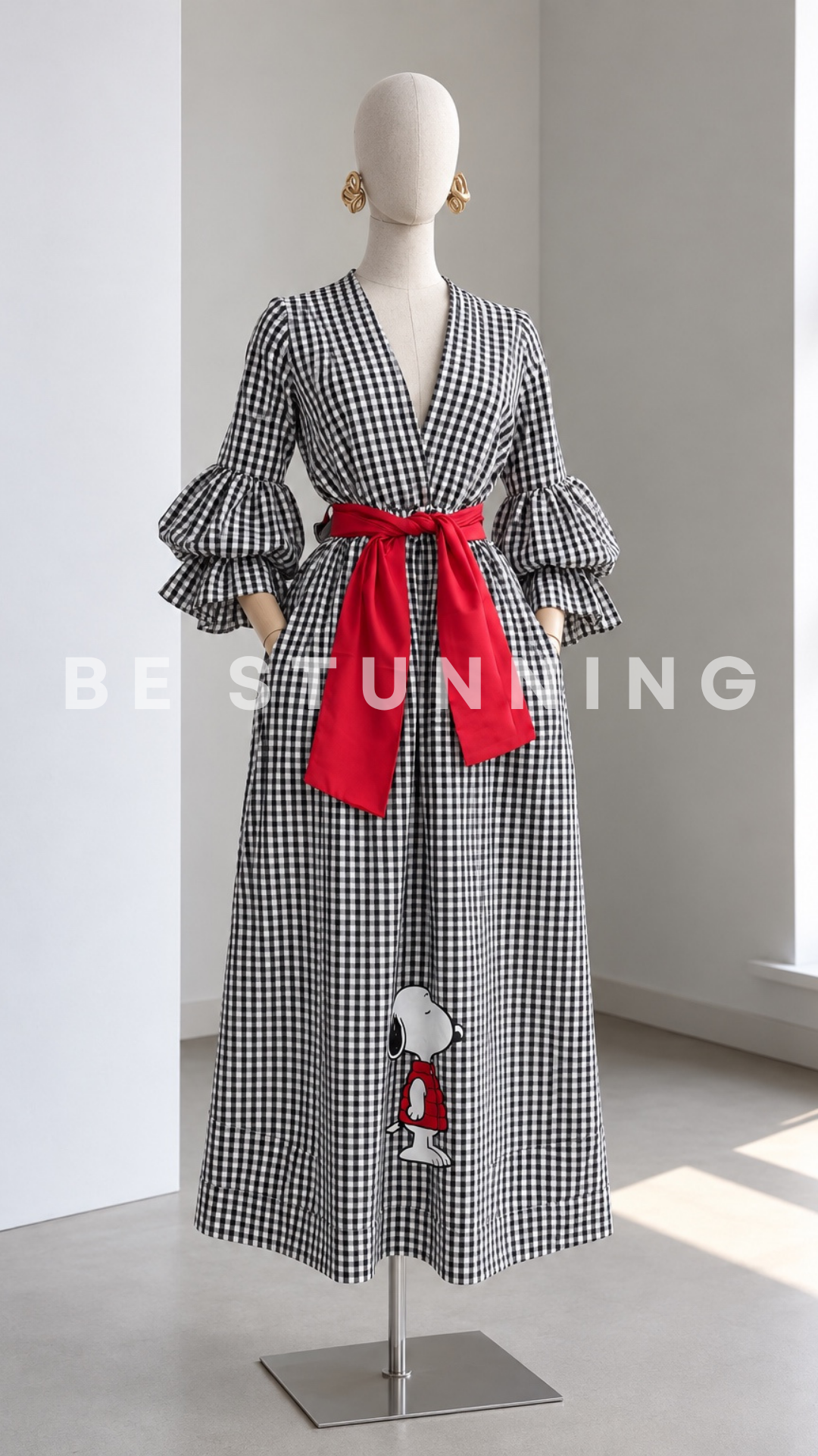 Vestido Vichy Snoopy con Cinturón Rojo