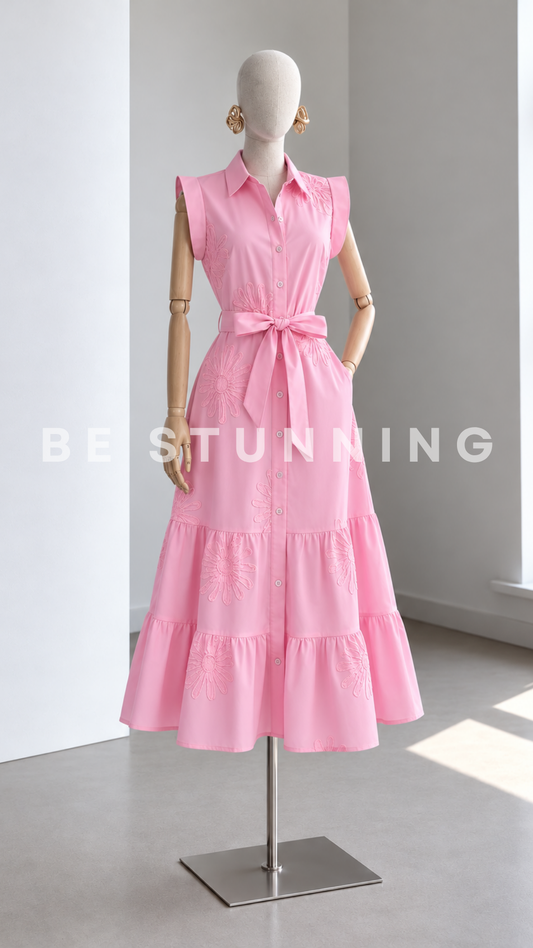 Vestido Camisero Rosa con Bordados Florales