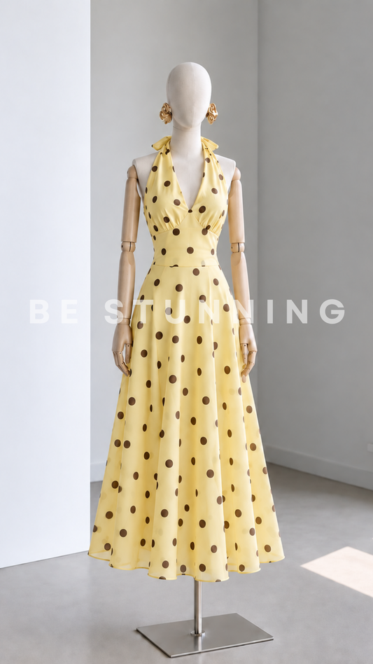Vestido Midi Amarillo de Lunares Chocolate