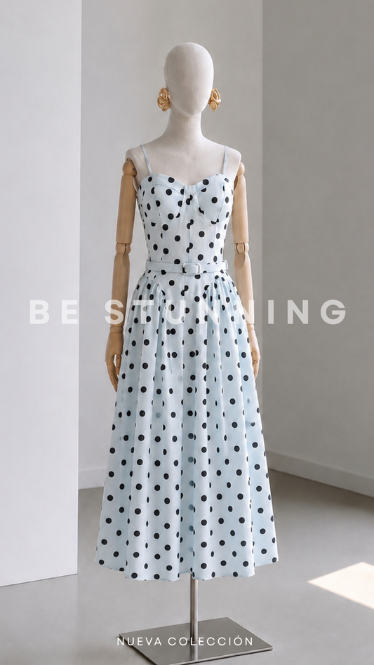 Vestido Midi Celeste de Lunares